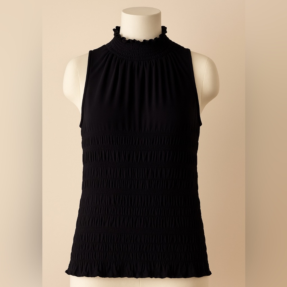 Frame Black Smocked High-Neck Sleeveless Top